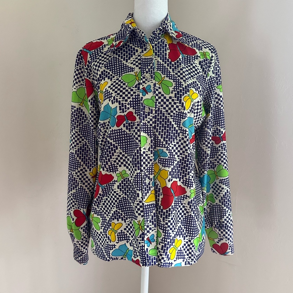 Vintage 1970s Ship n’ Shore Qiana Nylon Psychedelic Butterfly Button Down Shirt